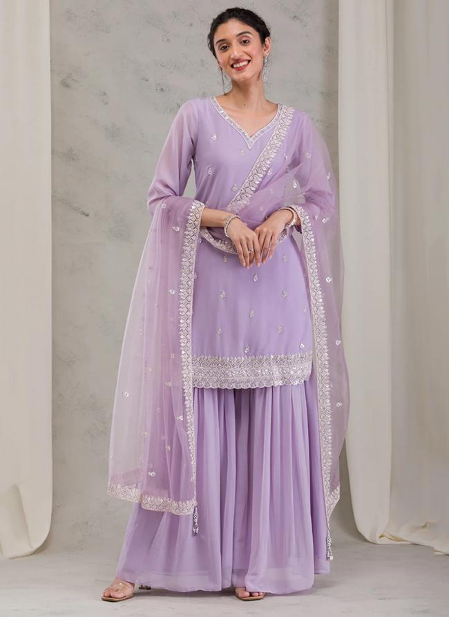 Georgette Lavender Festival Wear Embroidery Work Readymade Sharara Suit